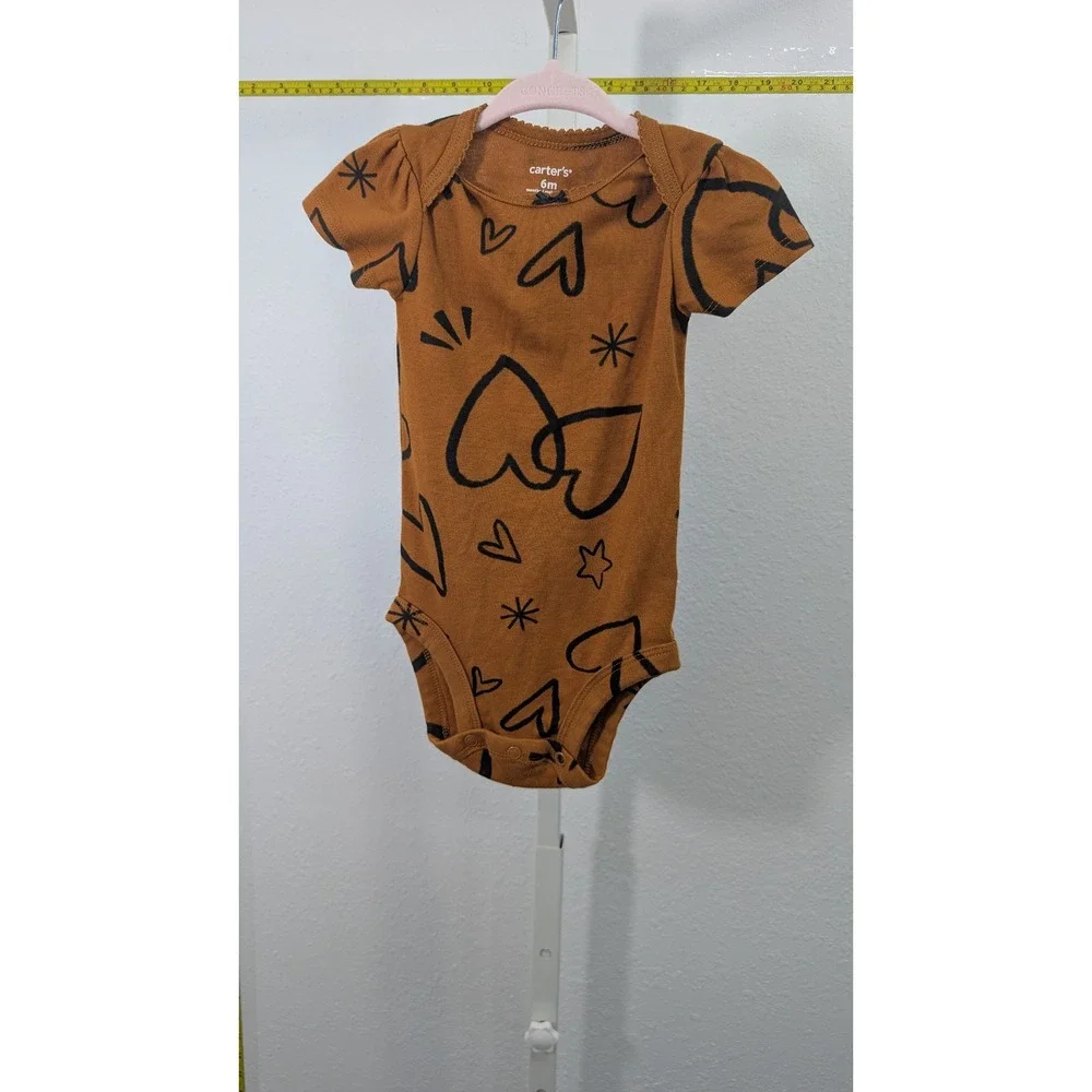 Carters Baby Girl 6M Bodysuit Brown Black Heart Star Doodle Print‎ Puff Sleeve